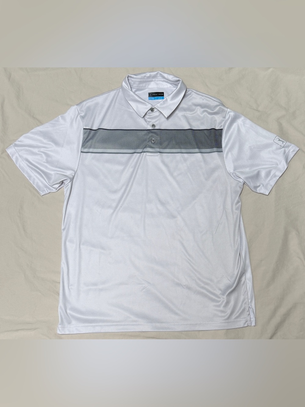 PGA Tour White Polo with Black and Gray Chest Stripe